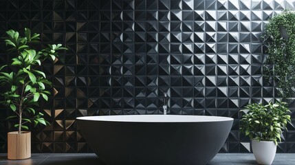 Poster - A black and white bathroom with a white bathtub and a potted plant. The black and white color scheme gives the bathroom a modern and sleek look