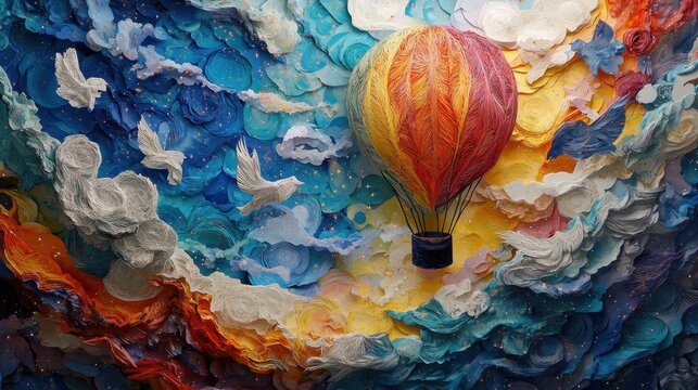 A vibrant paper-cut hot air balloon ascending into a galaxy of stars, symbolizing courage to chase dreams.