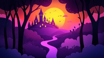 Poster - A vibrant paper-cut world with glowing trees and a path leading to a shimmering castle in the clouds.