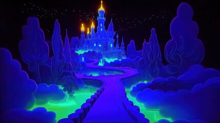 Poster - A vibrant paper-cut world with glowing trees and a path leading to a shimmering castle in the clouds.