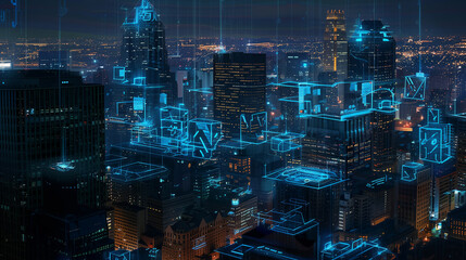 Poster - A city skyline at night with augmented reality overlays highlighting secure network hubs and identifying data transmission routes in glowing blue.