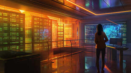 Poster - A futuristic control room showcasing AI managing a secure data center, holograms of connected servers lighting up as an operator monitors the display.