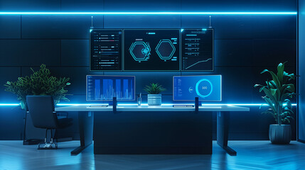 Poster - a futuristic home office with ar displays showing cybersecurity dashboards, password vaults, and liv