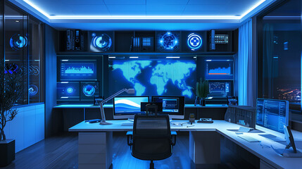 Poster - A futuristic home office with AR displays showing cybersecurity dashboards, password vaults, and live threat monitoring above sleek, minimalist desks.