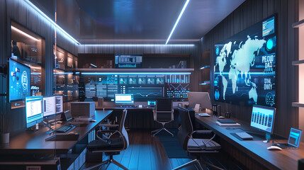 Poster - A futuristic home office with AR displays showing cybersecurity dashboards, password vaults, and live threat monitoring above sleek, minimalist desks.