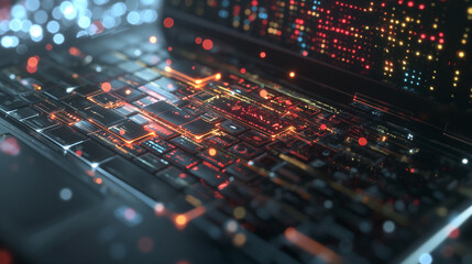 Poster - A laptop emitting a holographic web of interlinked nodes, representing a secure blockchain network managed by AI algorithms.