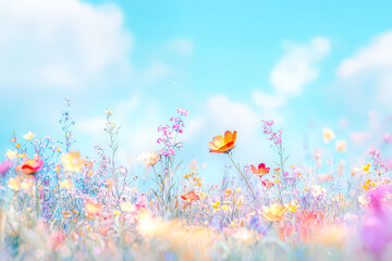 field of flowers with a blue sky in the background. the flowers are in full bloom and the sky is cle