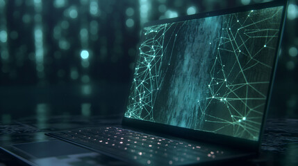 Poster - A laptop emitting a holographic web of interlinked nodes, representing a secure blockchain network managed by AI algorithms.
