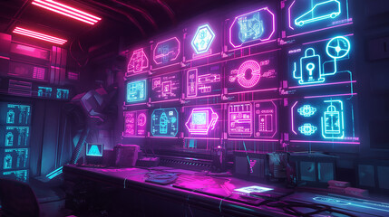 Poster - AI hologram hovering above a workspace, displaying interconnected icons of locks, keys, and data streams in vibrant neon colors.