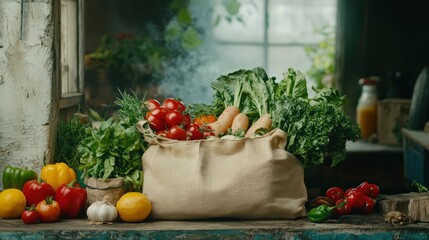 Wall Mural - A burlap sack filled with fresh vegetables and herbs, set in a rustic kitchen environment.