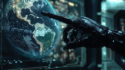 Poster - AI manages the world's network.  A robotic hand points to Earth on a digital screen, showing how AI connects things globally.