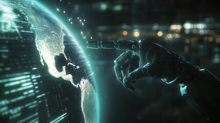 Poster - AI manages the world's network.  A robotic hand points to Earth on a digital screen, showing how AI connects things globally.