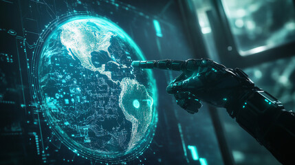 Poster - AI manages the world's network.  A robotic hand points to Earth on a digital screen, showing how AI connects things globally.