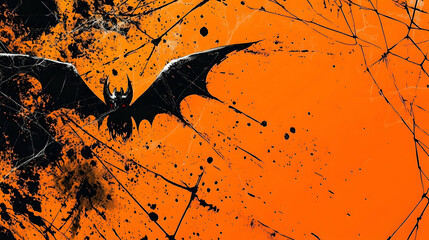 Wall Mural - Halloween Spooky Bat Illustration with Orange Abstract Background, Black Ink Splatter and Web Design