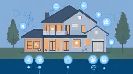 Poster - a smart home is shown with numbers and icons of home devices, all connected. it's an illustration of