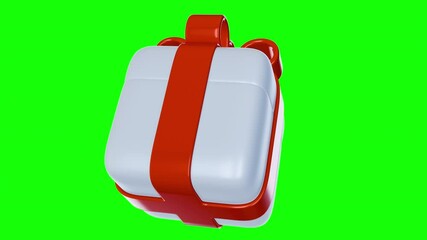 white gift box with red bow rotation on green background. realistic design element for birthday, cel