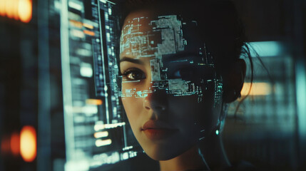 Poster - a woman, partly machine, uses a virtual screen to work with data. her ai mind analyzes information a