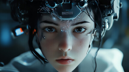 Poster - A cyborg girl with an electronic brain shows artificial intelligence.  Her neural network was trained using a virtual interface. This represents machine learning in science fiction.