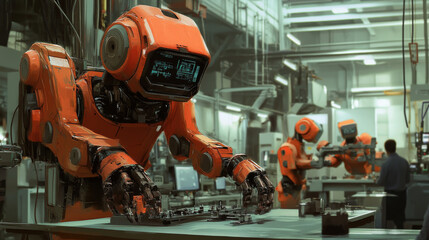 Poster - Smart factories use AI to automate manufacturing.  AI intelligently manages production, making things more efficient.  A robot helps build other robots.