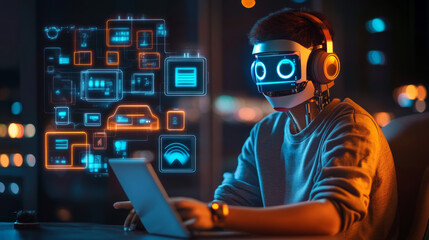 Poster - a robot or cyborg uses ai to chat online. it helps users through messaging, offering tech support an