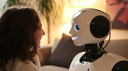 Poster - a robot or cyborg uses ai to chat online. it helps users through messaging, offering tech support an