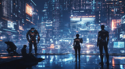 Poster - AI-powered robots manage global business in a virtual world.  This futuristic image shows them working together.
