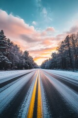 The road leads towards the expansive Milky Way as the sun rises between snow-covered trees