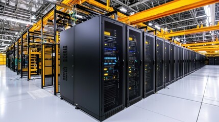 Poster - Rows of Black Server Racks in High Tech Data Center with Overhead Crane