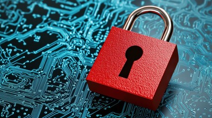 Poster - Closed Red Metal Padlock on Futuristic Circuit Board Technology Background