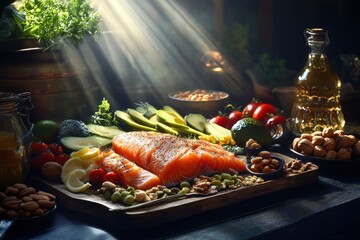 Sticker - A beautifully arranged platter of fresh salmon, vegetables, and nuts, illuminated by soft light.