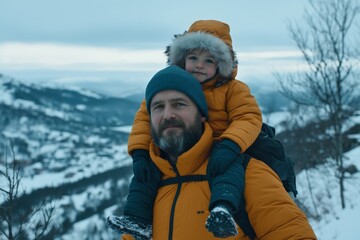 This happy loving family is playing and hugging outside. The father and baby are enjoying a snowy winter walk in nature. Concept of the first snowfall of the season.