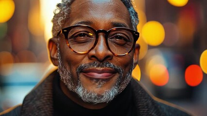 Poster - A man with glasses and a beard is smiling in front of a city street