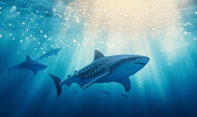 Wall Mural - Sharks swimming gracefully in deep blue ocean waters during calm daylight hours