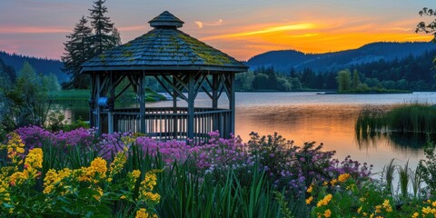 Wall Mural - A quiet gazebo near a calm lake at sunset, surrounded by blooming flowers and trees, with a glowing mountain silhouette in the background.