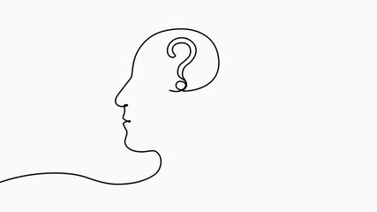 Poster - Head with question mark continuous line drawing animation. Thinking linear symbol video. Animated brainstorming concept.