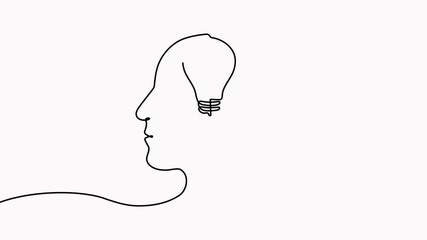 Poster - continuous line drawing head with light bulb animation. thinking linear symbol video. animated creat