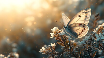 Poster - Delicate butterfly perched on a vibrant flower isolated on a neutral background with generous copy space for messages natural and peaceful scene
