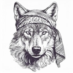 Wall Mural - illustration of a wolf with headscarf on painted ink sketch drawing isolated on white background	