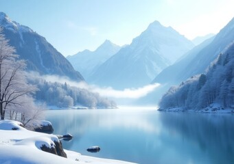 Wall Mural - Snowy mountain landscape with serene lake and mist in the early morning light