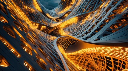 Poster - A futuristic, abstract architectural design featuring illuminated, flowing structures.