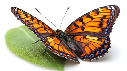 Poster - Delicate butterfly resting on a leaf against a clean white background providing ample copy space for nature themed graphic other creative projects