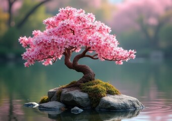 Wall Mural - Beautiful cherry blossom tree on a serene rock in tranquil waters