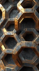 Poster - Abstract hexagonal structure with metallic textures and shadows.