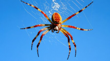 Vibrant female red-legged golden orb weaver spider showcasing intricate web against a bright blue sky backdrop.