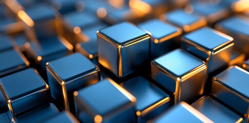 Poster - A close-up view of shiny metallic cubes with warm lighting creating a visually appealing pattern.
