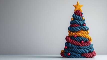 Wall Mural - christmas tree made of ropes and decorated with gold and red beads. the tree is tall and has a star 