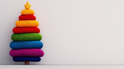 Poster - Colorful yarn Christmas tree with a star on top. The tree is made of different colored yarns and is placed on a white background. Concept of warmth, creativity