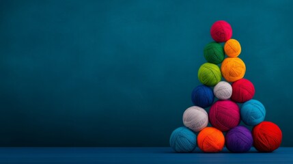 Poster - Colorful pile of yarn balls arranged in a pyramid shape. Concept of creativity and playfulness, as the balls are stacked in a unique and visually appealing way
