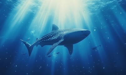 Wall Mural - Sharks swimming gracefully in deep blue ocean waters during calm daylight hours