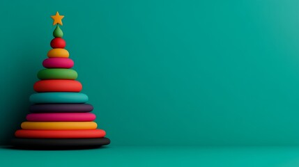 Poster - Colorful Christmas tree made of blocks is displayed on a green background. The tree is tall and has a star on top, which adds a festive touch to the scene